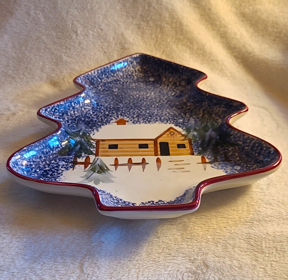 Cooks Bazaar Holiday Mountain Lodge Tree Platter Winter Cabin Ceramic Spongeware